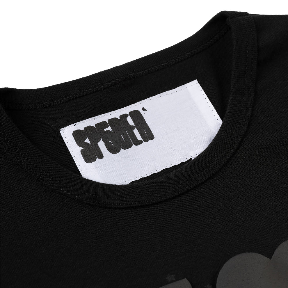 Black crewneck t-shirt with a white neck label featuring "SPEMH" in black bold text.