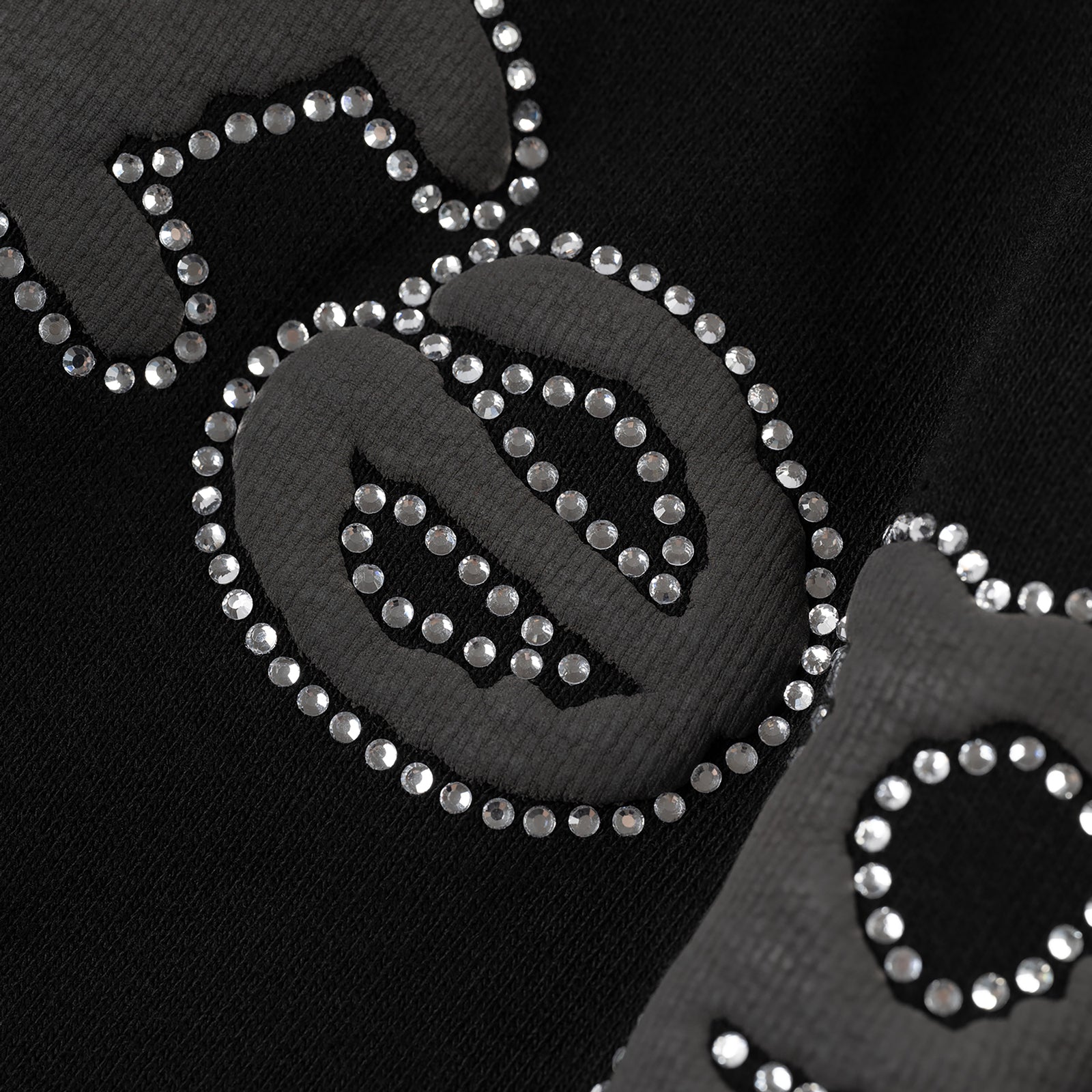 Black OG WEB V2 Rhinestone Short with sparkling silver rhinestones outlining dark gray text.