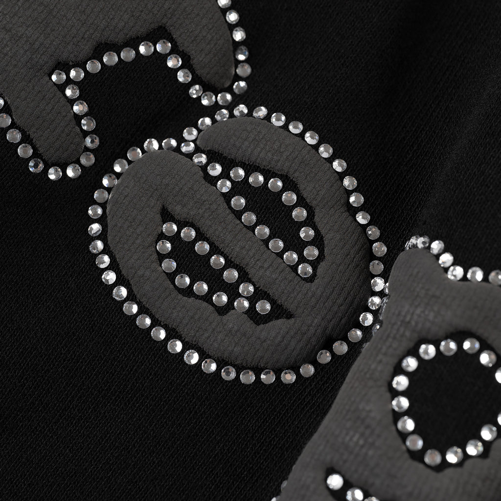 Black OG WEB V2 Rhinestone Short with sparkling silver rhinestones outlining dark gray text.