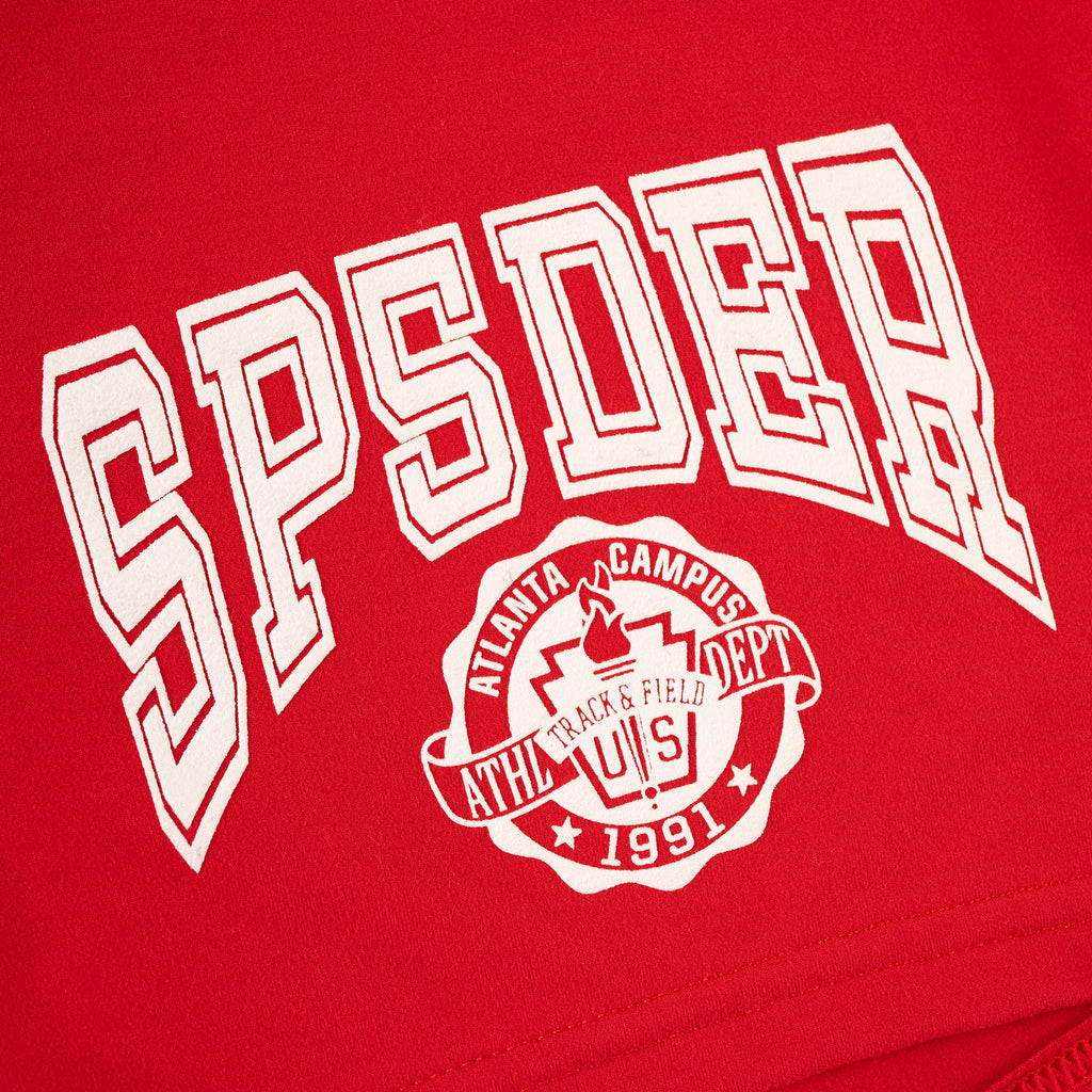 Red stretch cotton jersey short with white SP5DER collegiate graphic and Atlanta Campus Athletics logo.
