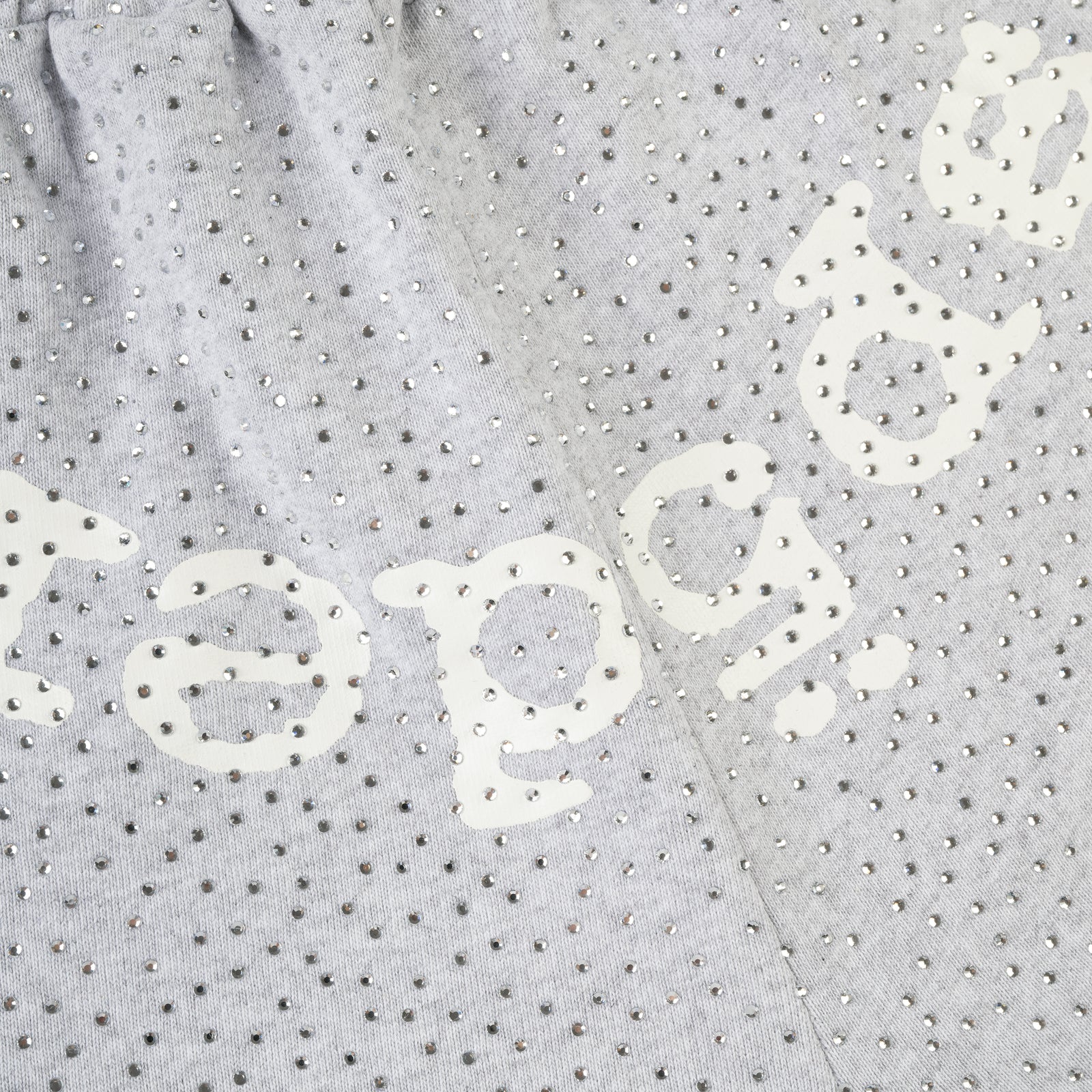 Gray cotton fleece sweatshorts with all-over tonal rhinestones and white SP5DER text.