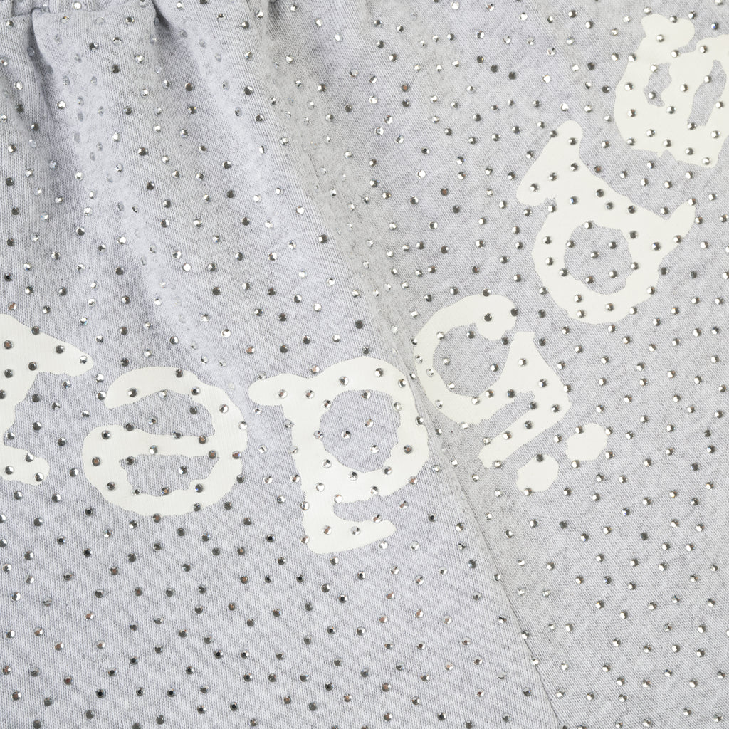Gray cotton fleece sweatshorts with all-over tonal rhinestones and white SP5DER text.