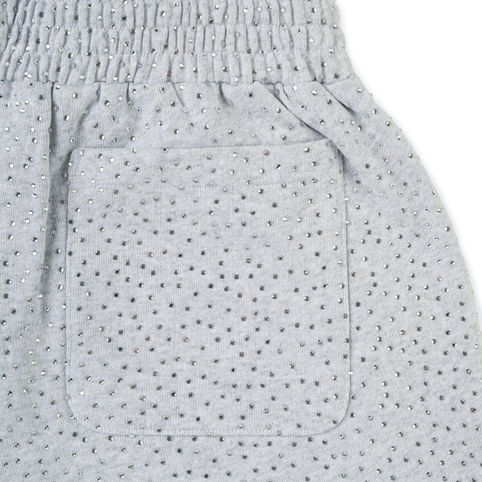 Gray cotton fleece sweatshorts with all-over tonal rhinestone application, elasticized waistband, and pocket.