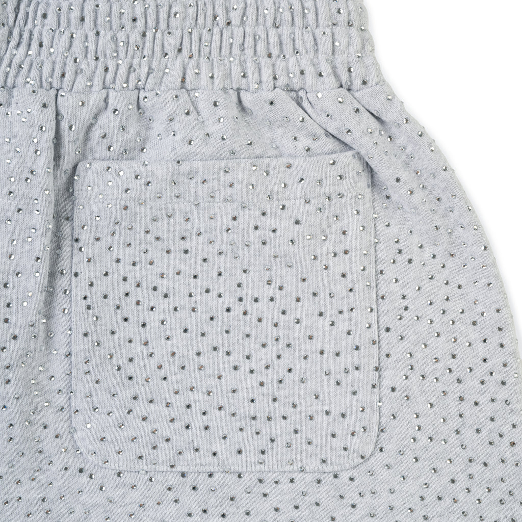 Gray cotton fleece sweatshorts with all-over tonal rhinestone application, elasticized waistband, and pocket.