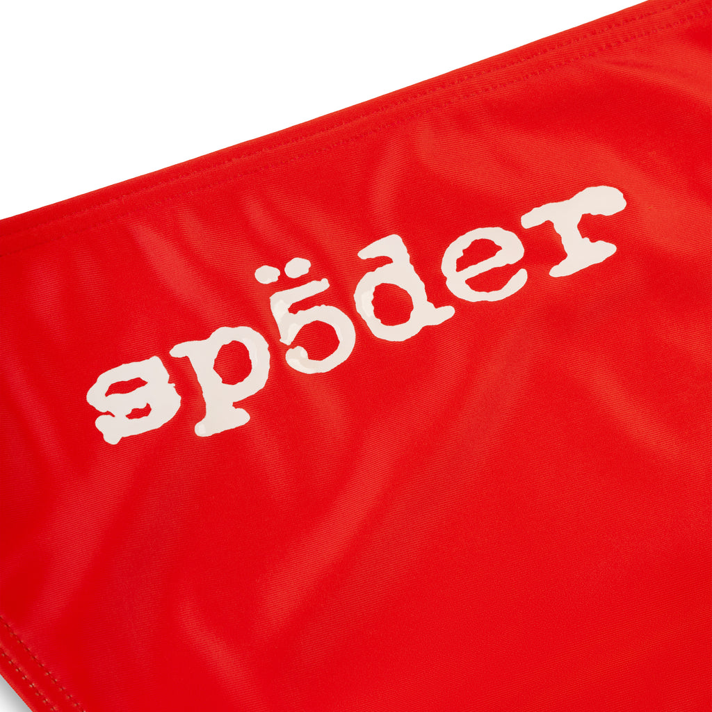 Red stretch nylon jersey bikini bottom with white "sp5der" logo.