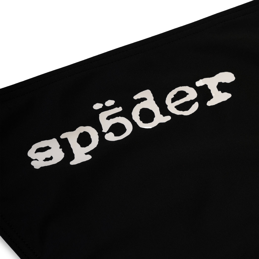 Black stretch nylon jersey bikini with white "sp5der" logo.