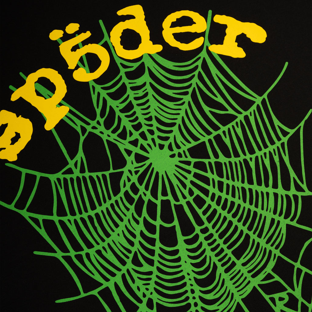 Black cotton tee with bright green spider web and yellow "spider" puff print.