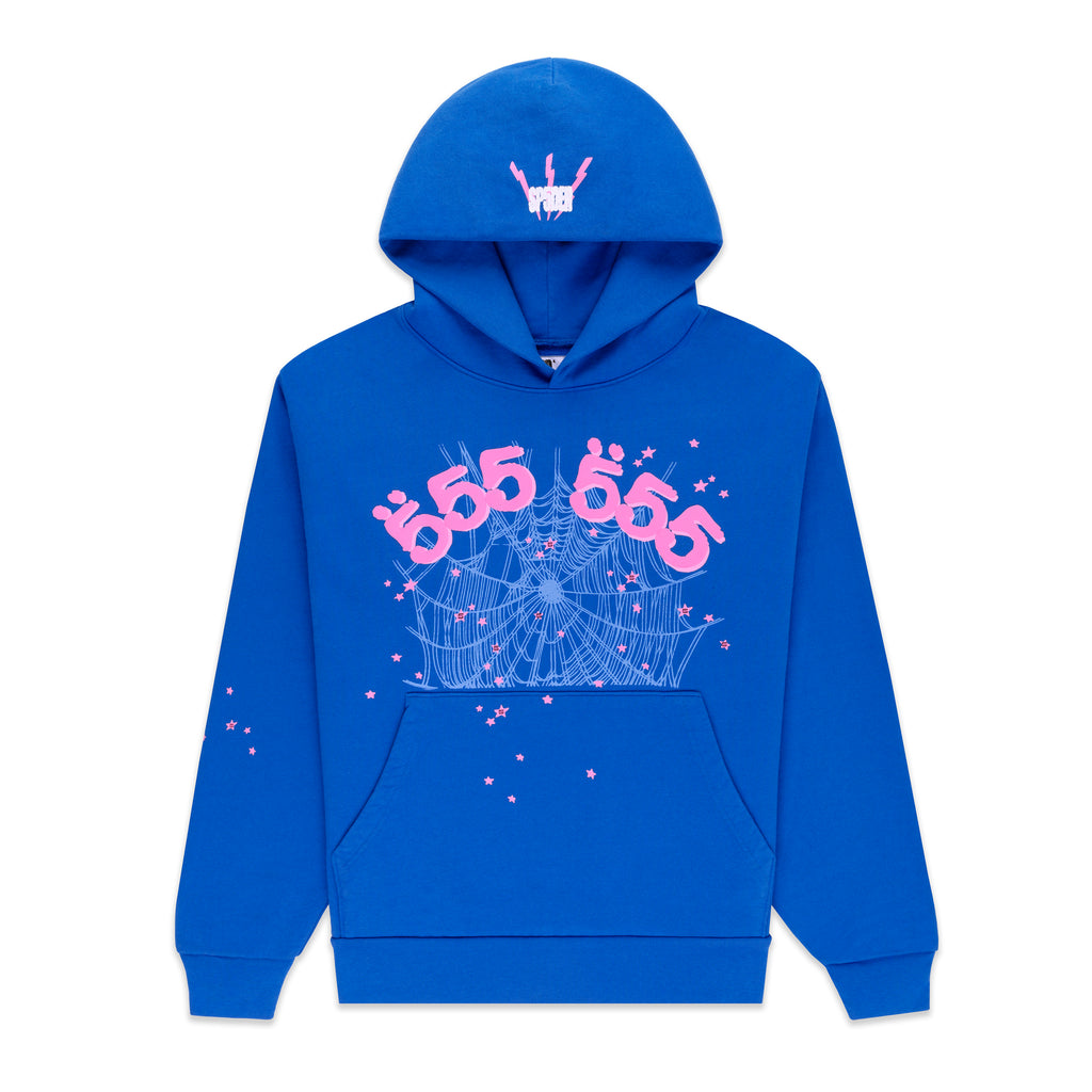 Blue 13oz fleece ANGEL NUMBER HOODIE with pink '555' puff print, web, stars, and SP5DER logo.