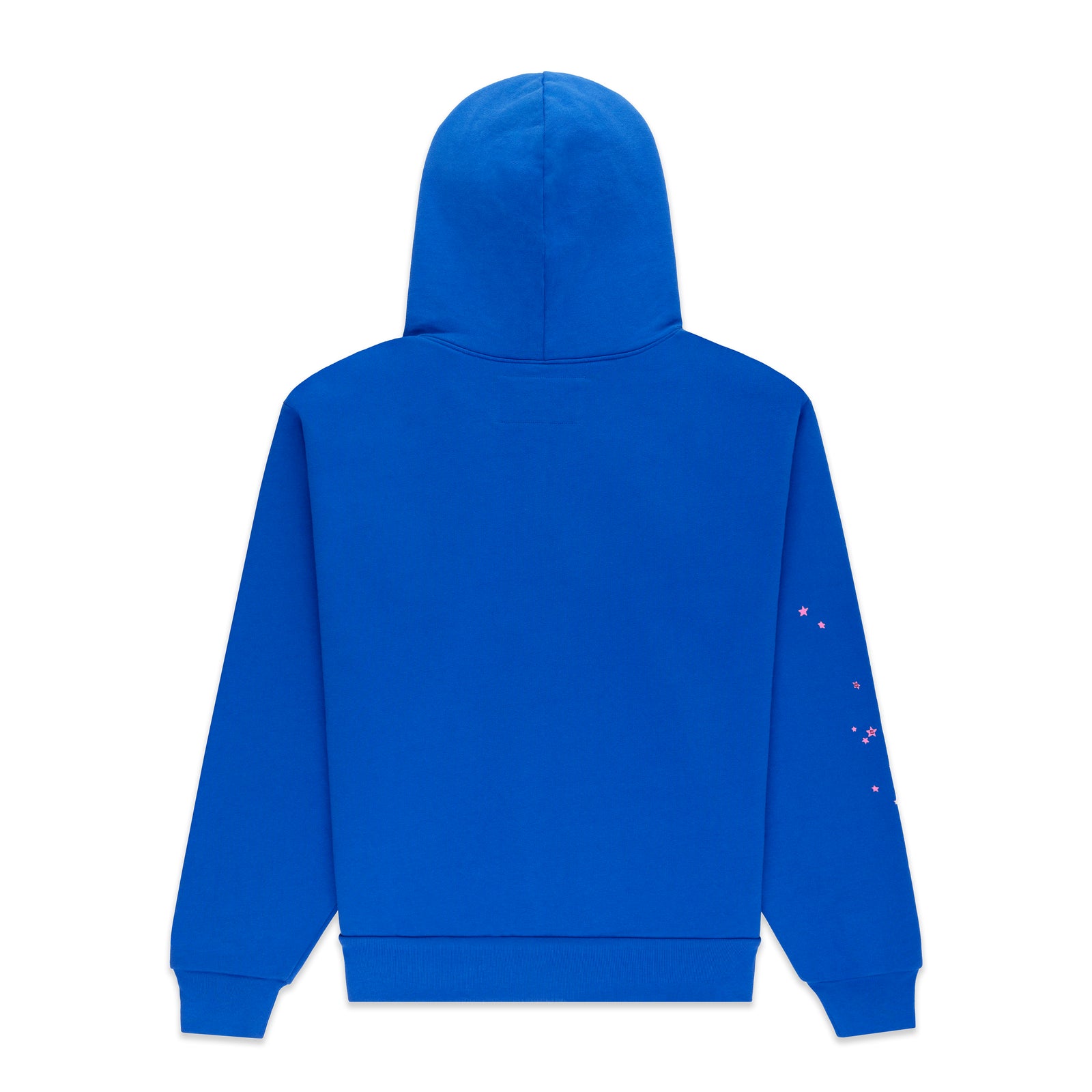 Back of a royal blue fleece hoodie with pink scattered star print on the left sleeve.