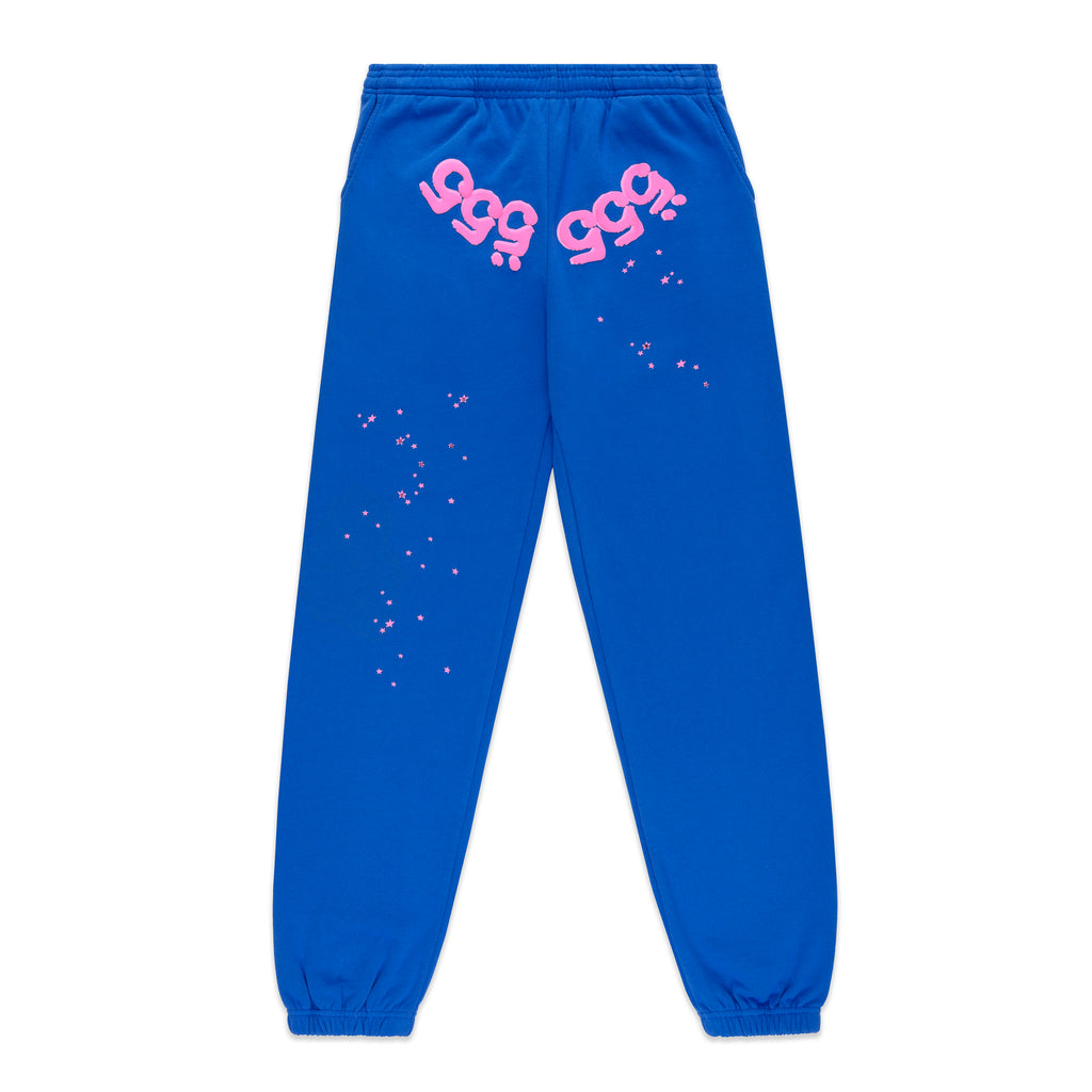 Blue cotton fleece sweatpants with pink '555' angel numbers on crotch and scattered stars.