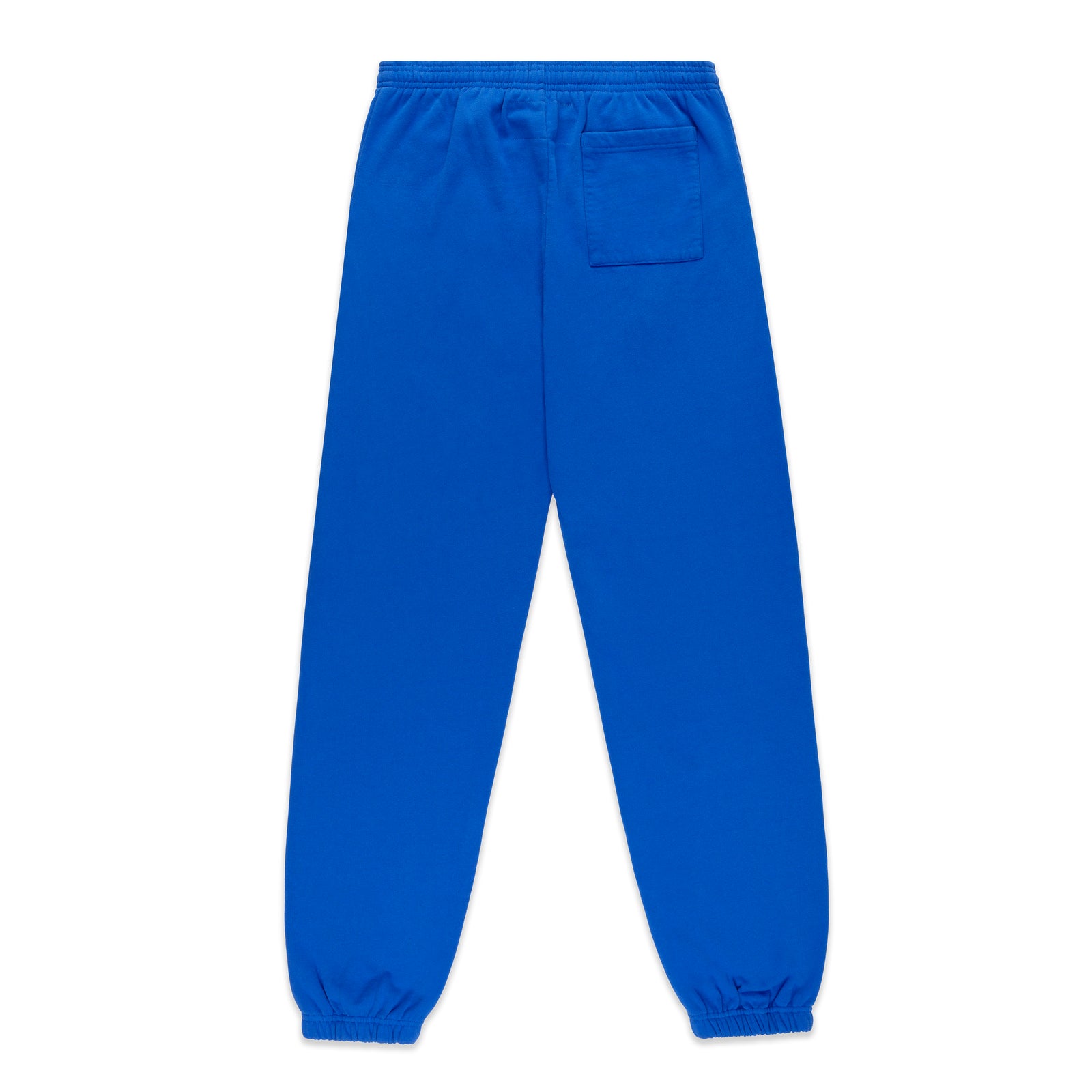 Royal blue cotton fleece sweatpants with elasticized waist and cuffs, and a single back pocket.