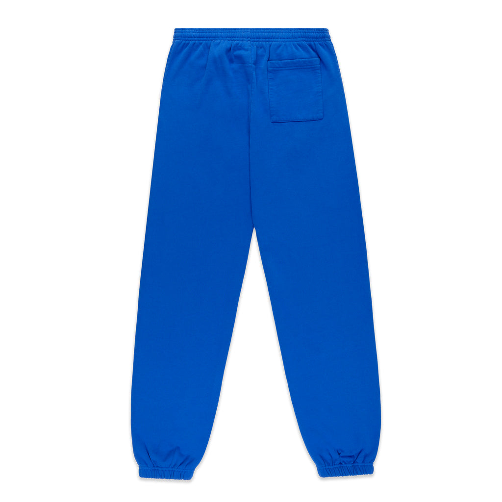 Royal blue cotton fleece sweatpants with elasticized waist and cuffs, and a single back pocket.