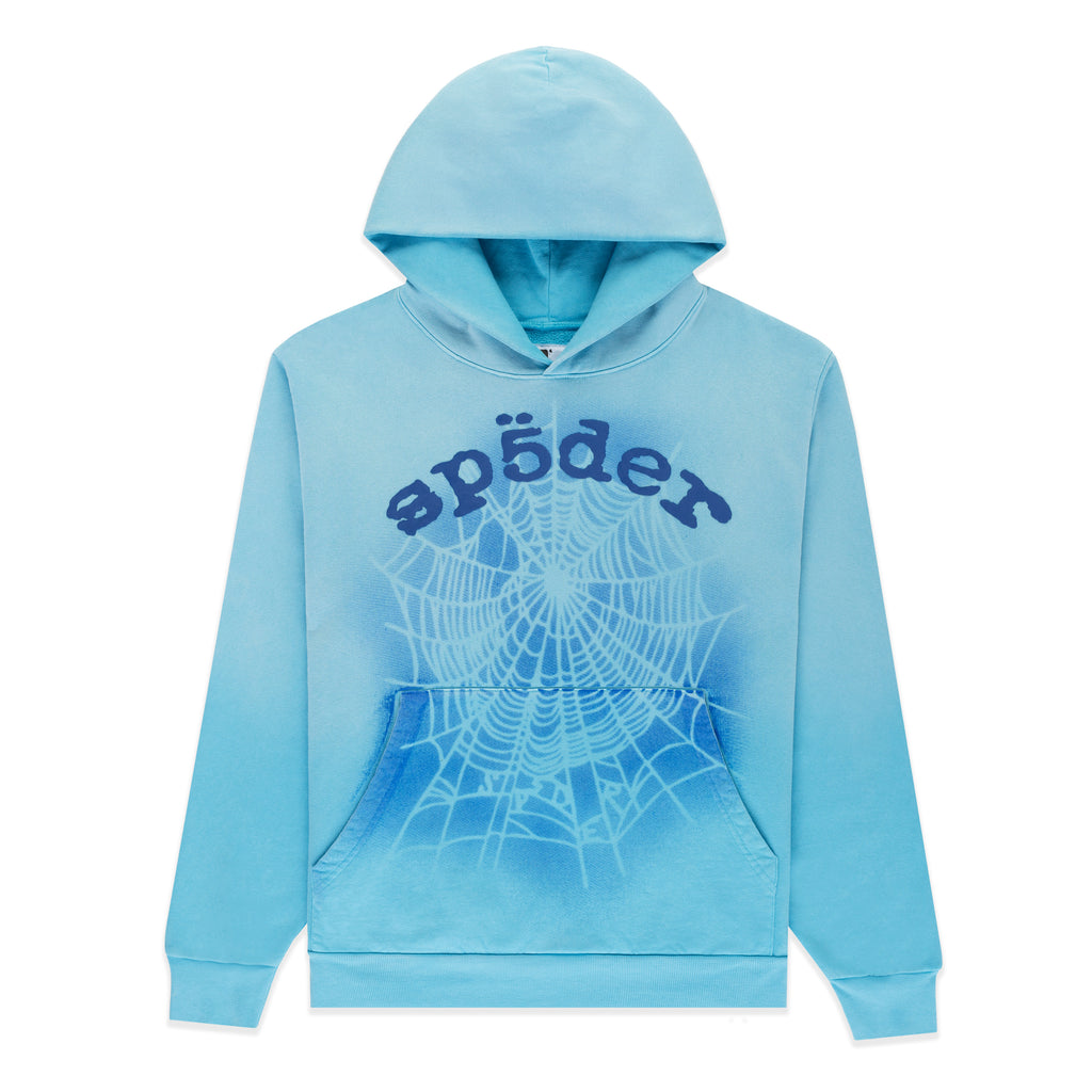 Light blue cotton fleece hoodie with "sp5der" text and white spray web V2 print.