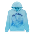 Light blue cotton fleece hoodie with "sp5der" text and white spray web V2 print.
