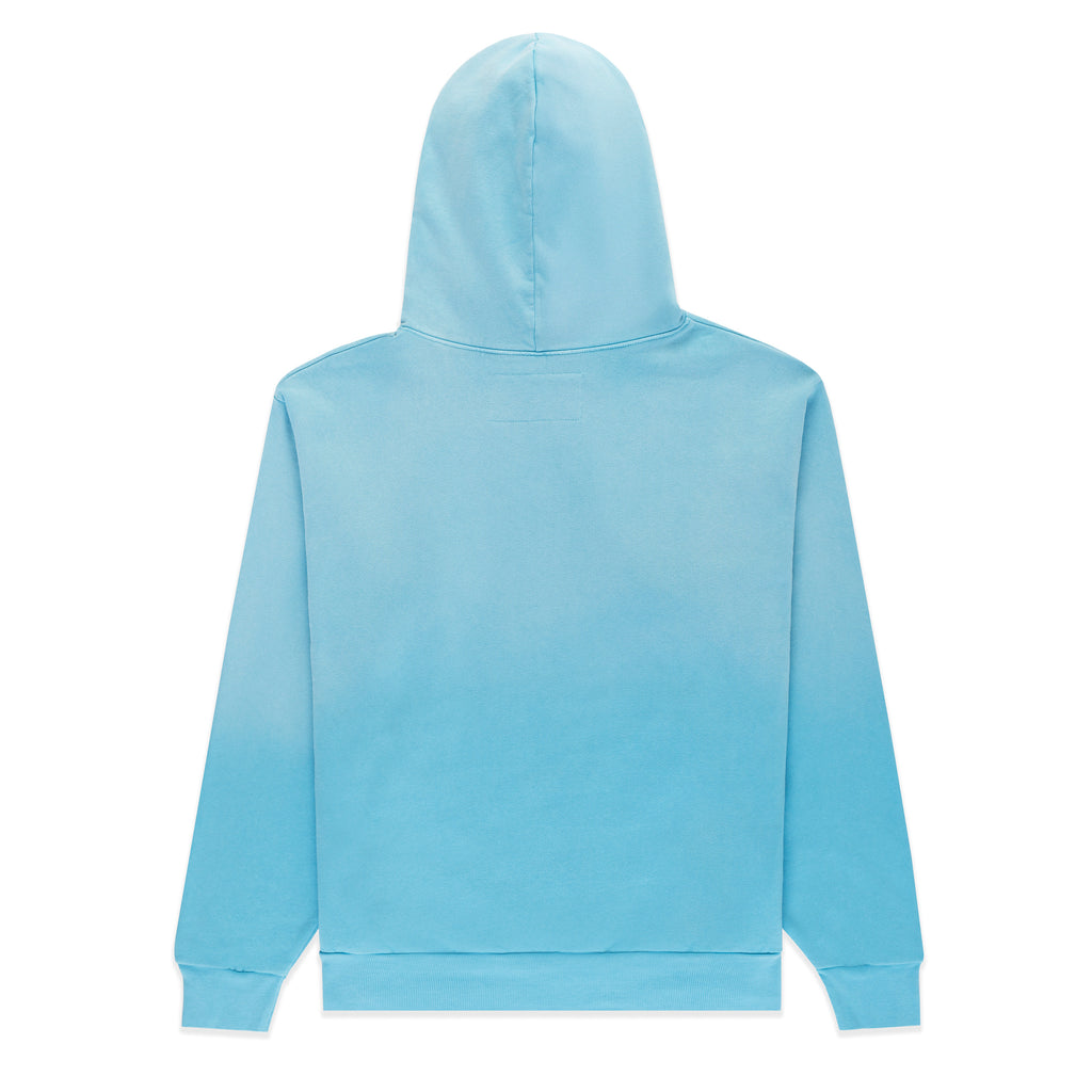 Back of a light blue 100% cotton fleece hoodie with a plain design, ribbed cuffs and hem.
