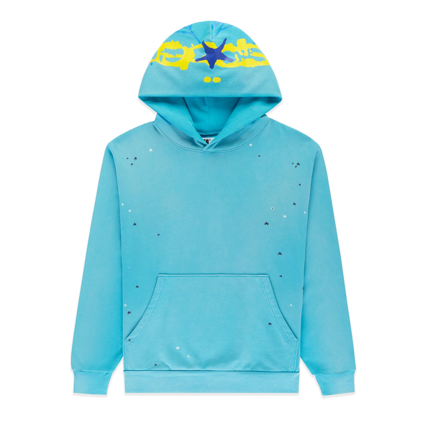 Light blue 13oz cotton fleece hoodie with scattered star print and web design on hood.
