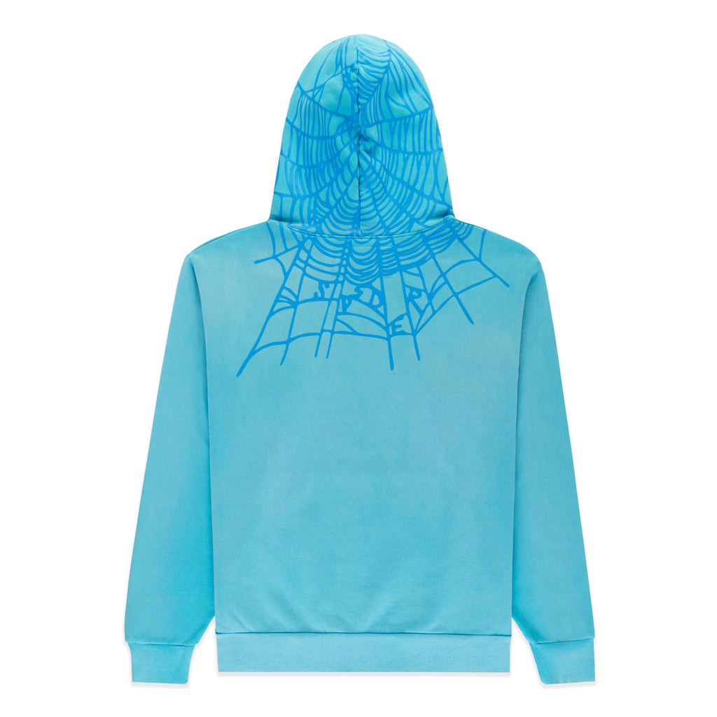 Back of a light blue cotton fleece hoodie with a blue web print on the hood and shoulders.