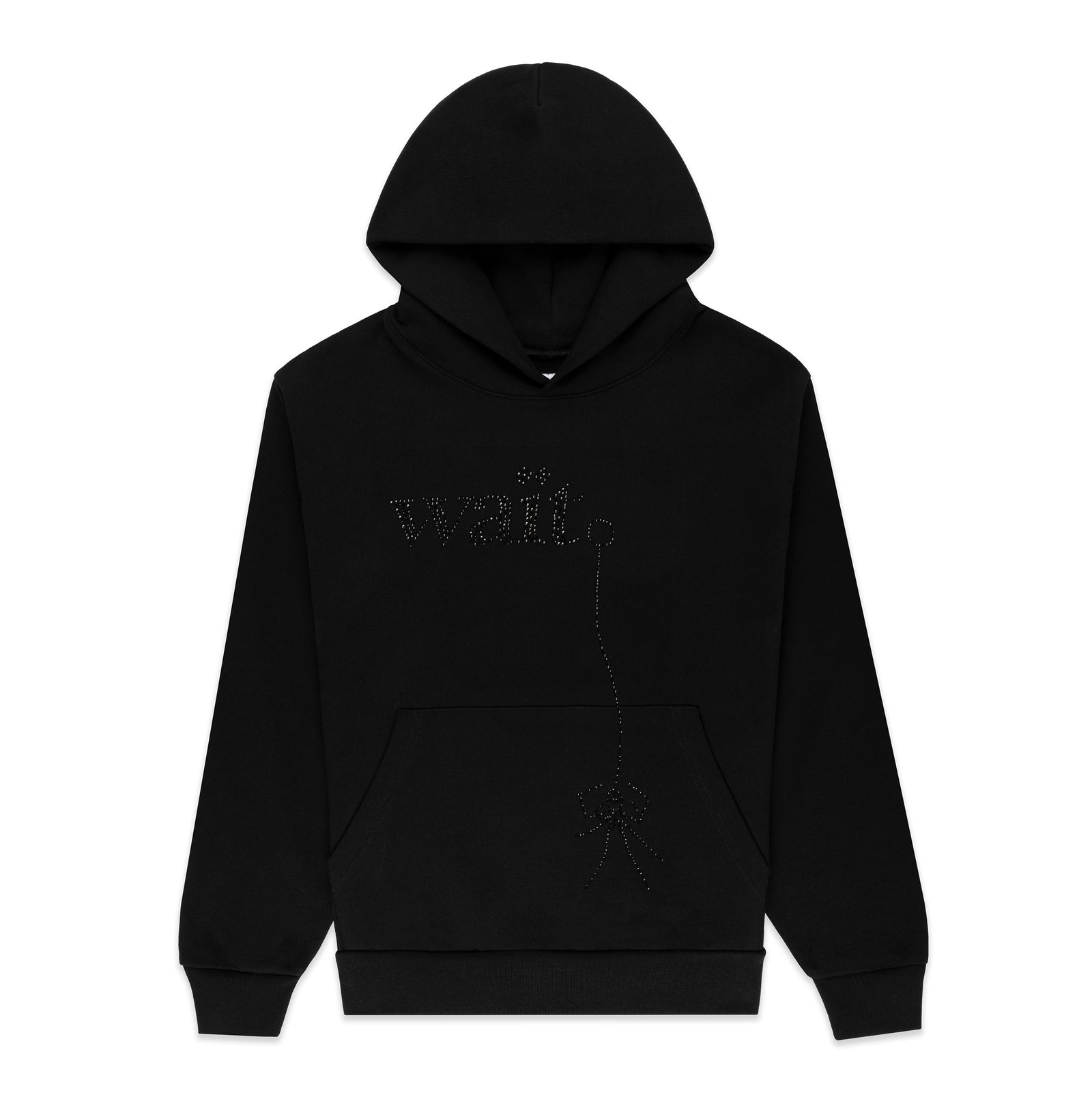 Black cotton fleece hoodie with rhinestone 'Wait' detail and kangaroo pocket.