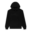 Black cotton fleece hoodie with rhinestone 'Wait' detail and kangaroo pocket.