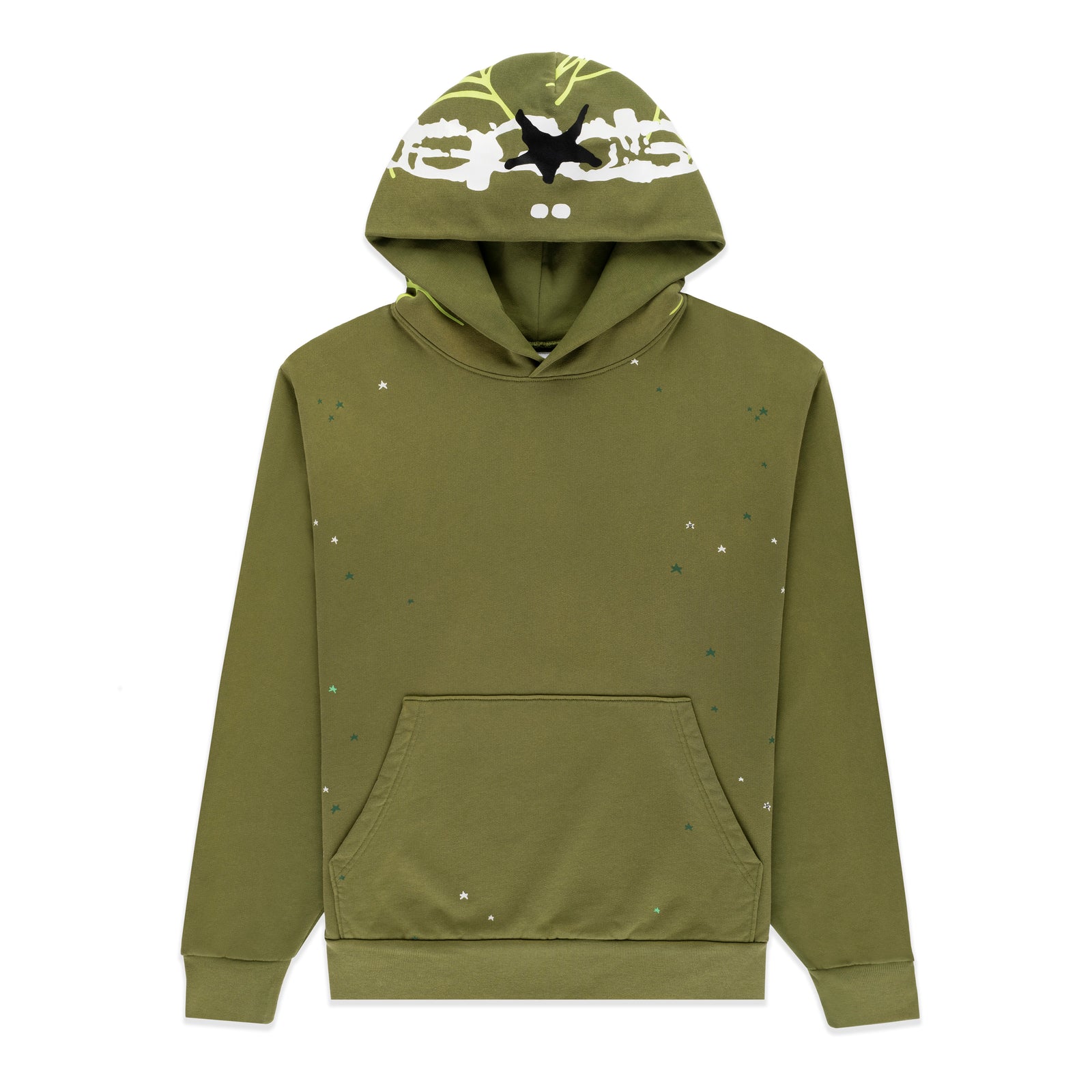 Olive green heavy web hoodie with scattered star print and web design on hood.