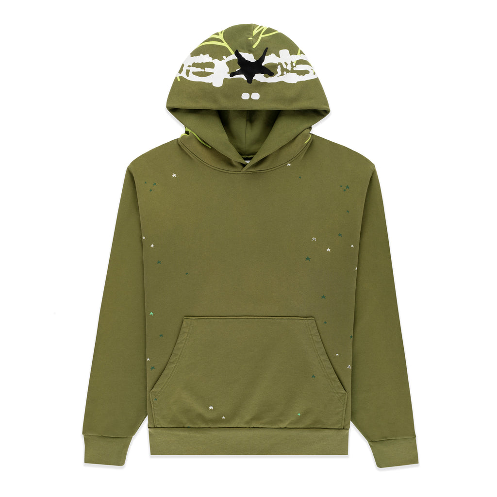 Olive green heavy web hoodie with scattered star print and web design on hood.