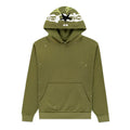 Olive green heavy web hoodie with scattered star print and web design on hood.
