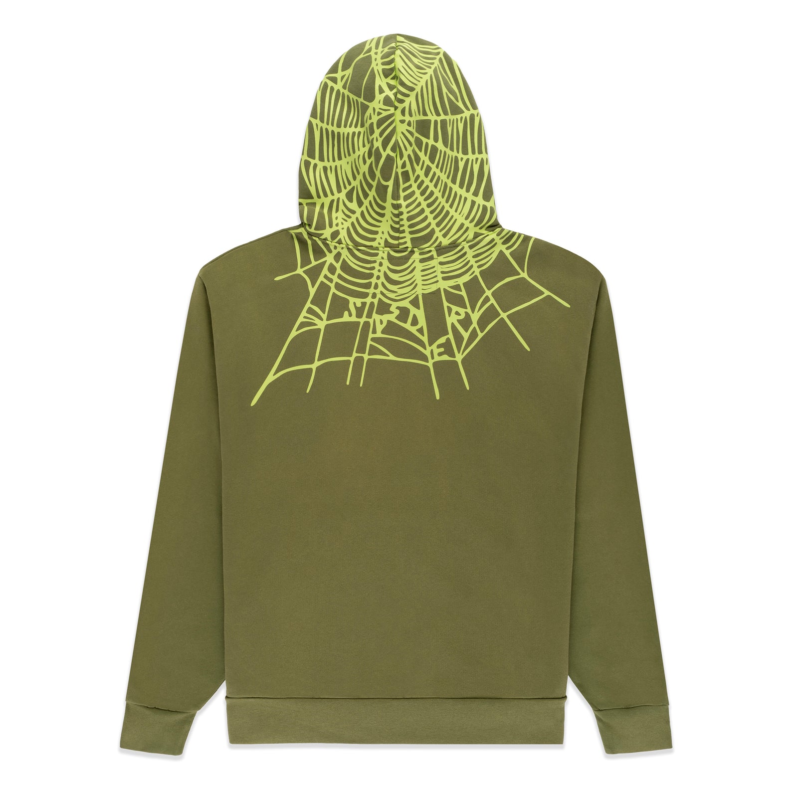 Olive green cotton fleece hoodie with a neon yellow spider web print on the back and hood.