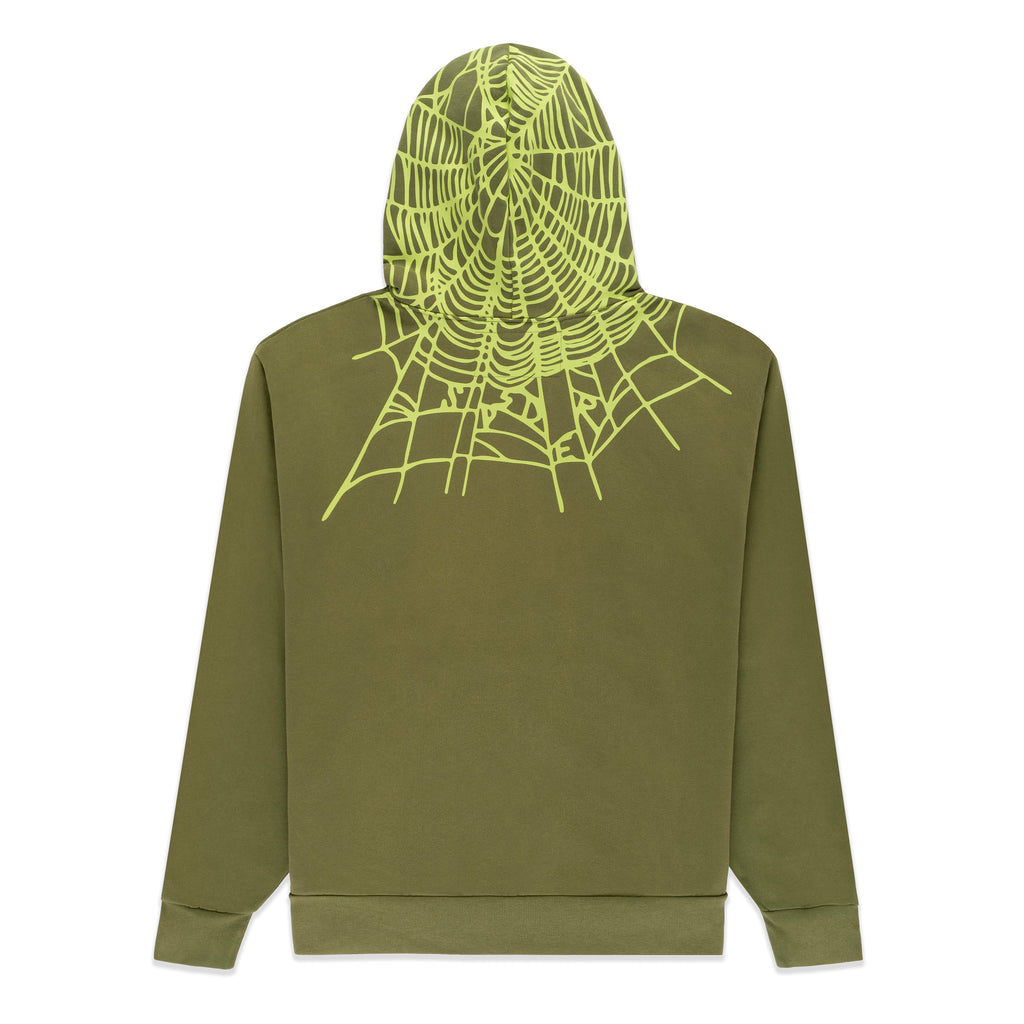 Olive green cotton fleece hoodie with a neon yellow spider web print on the back and hood.