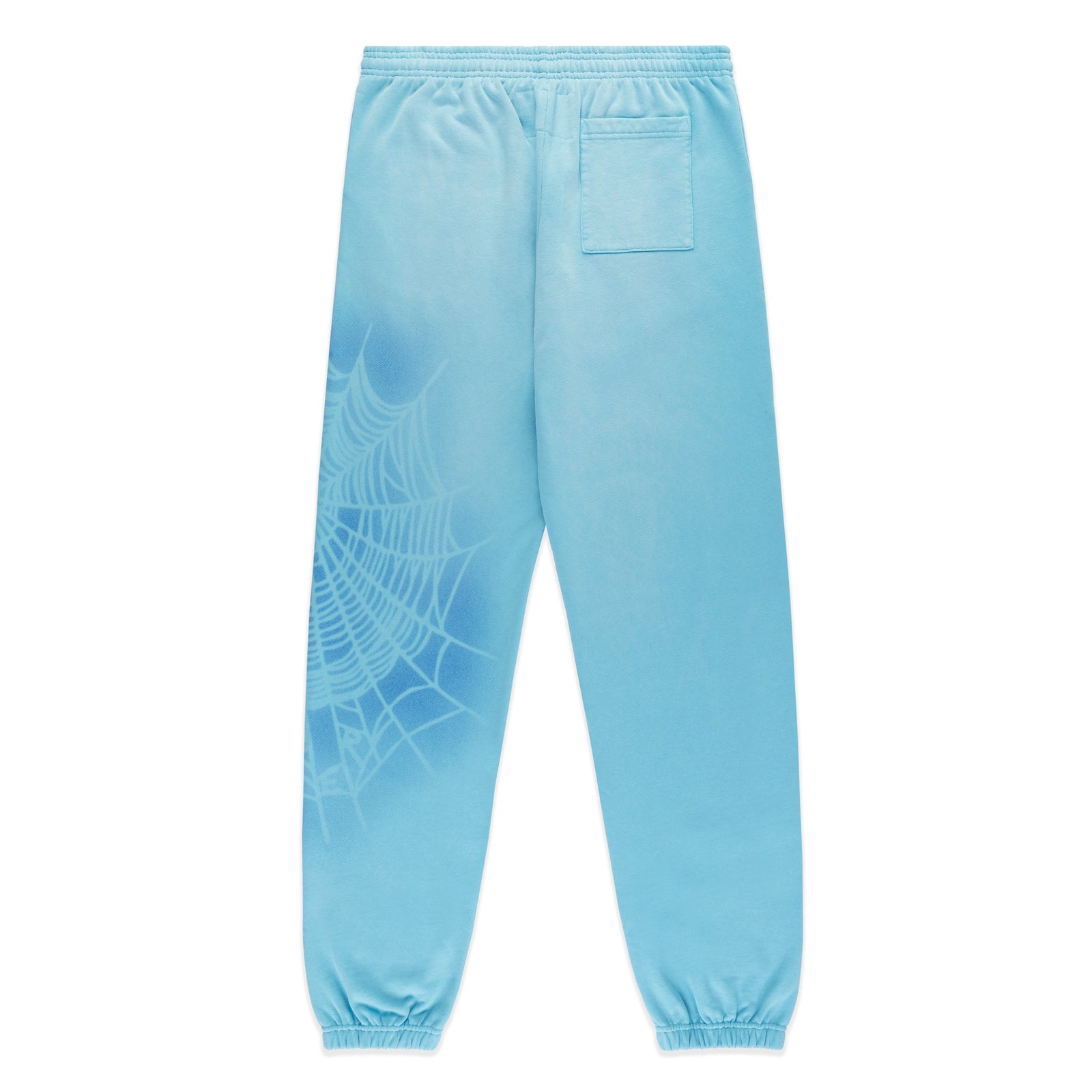 Blue cotton fleece sweatpants with a spray web design and elasticized cuffs.