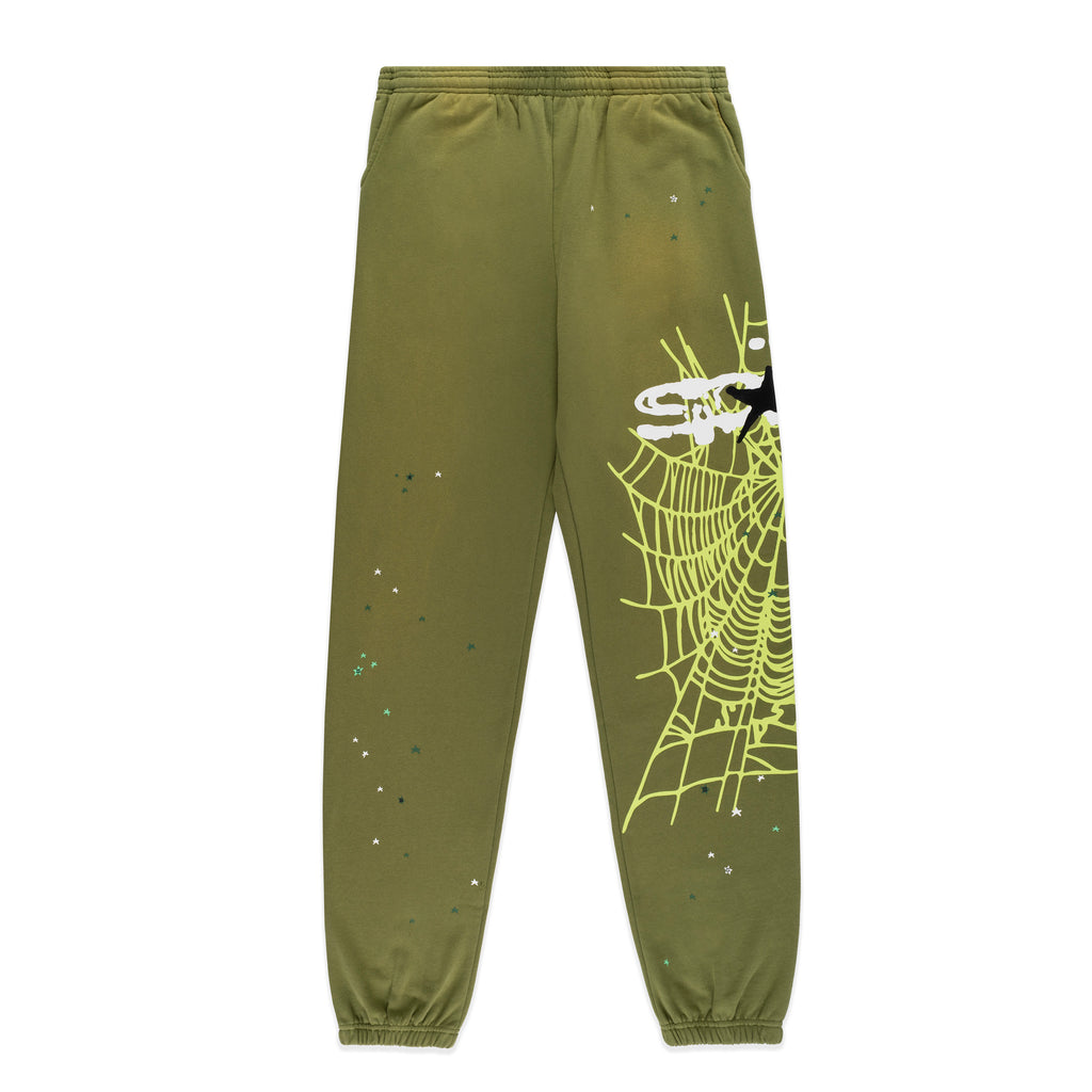 Olive green HEAVY WEB SWEATPANT with large SP5DER web graphic and scattered star print.