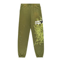 Olive green HEAVY WEB SWEATPANT with large SP5DER web graphic and scattered star print.