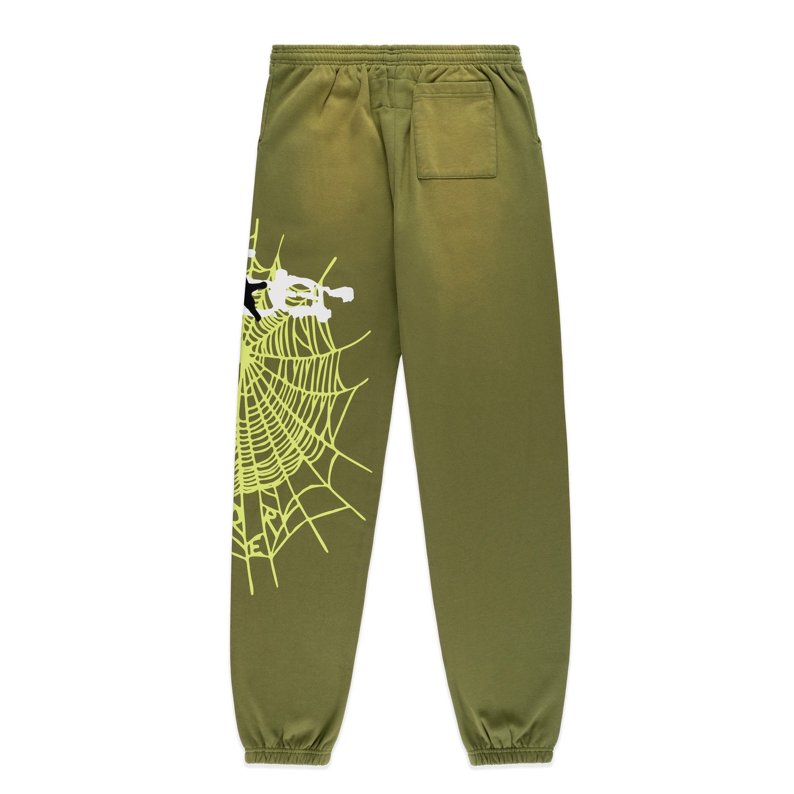 Olive green cotton fleece sweatpants with a large yellow SP5DER web graphic and scattered stars on the left leg.