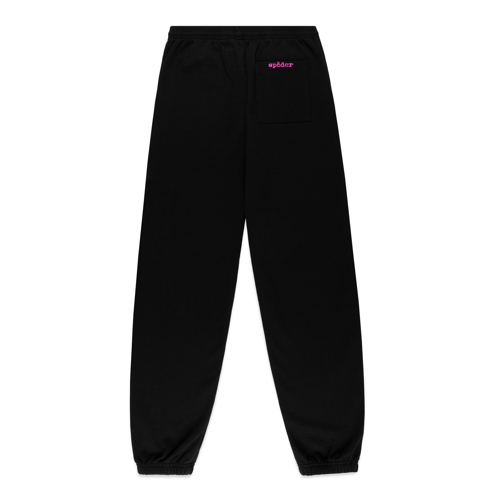 Black ARACH SWEATPANT with pink "sp5der" puff print on back pocket, elasticized waistband and cuffs.