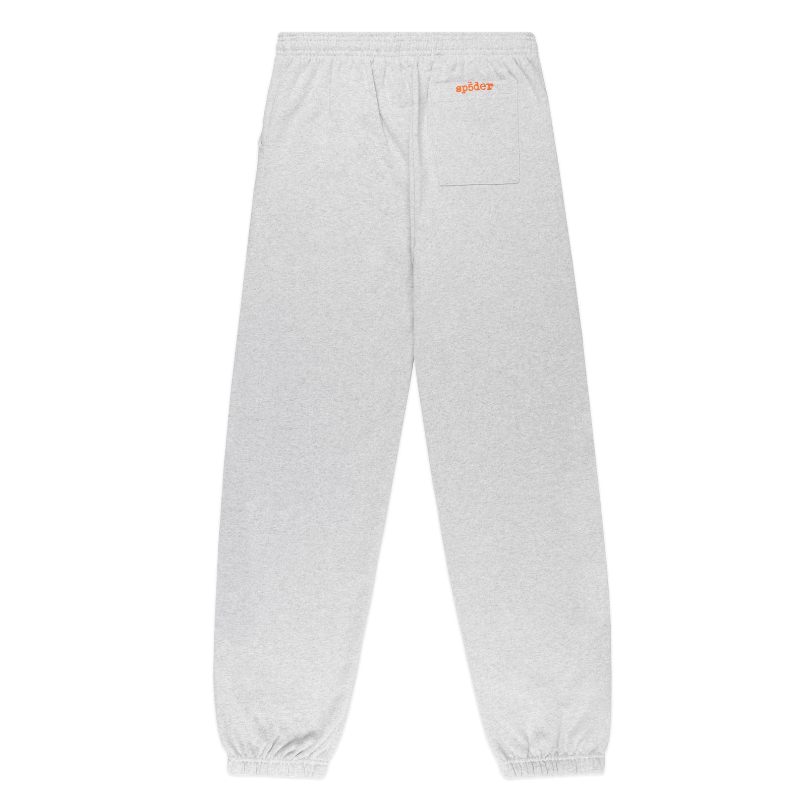 Gray 13oz cotton fleece sweatpants with "spider" puff print on back pocket, elasticized waistband and cuffs.