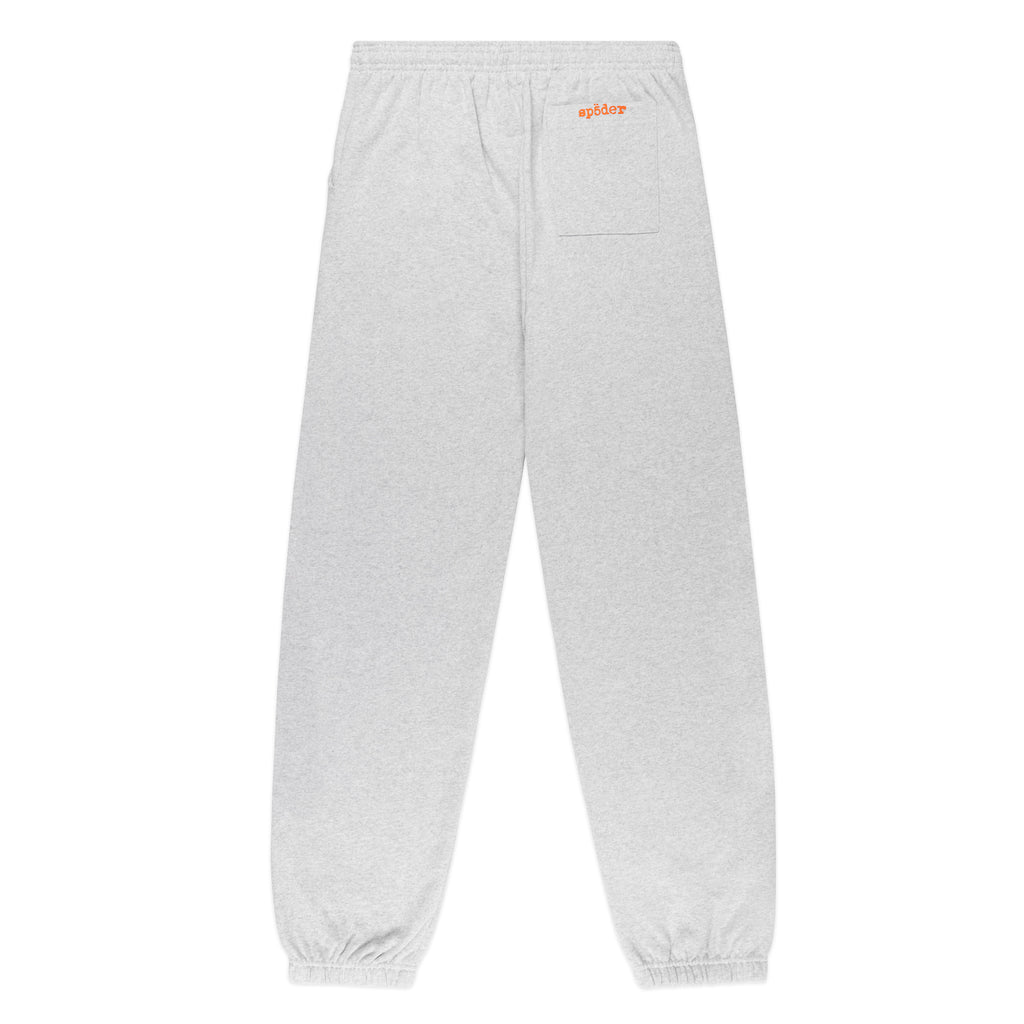 Gray 13oz cotton fleece sweatpants with "spider" puff print on back pocket, elasticized waistband and cuffs.
