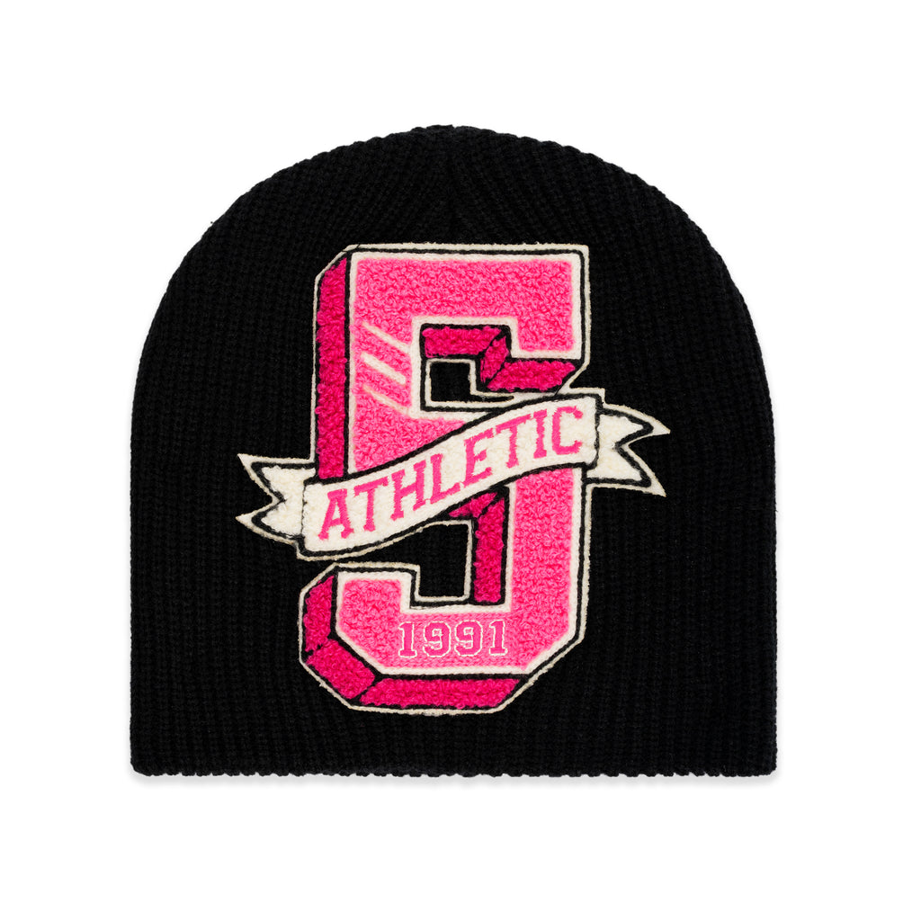 Black knit ribbed beanie with a pink chenille '5 Athletic' patch and '1991' detail.