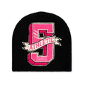 Black knit ribbed beanie with a pink chenille '5 Athletic' patch and '1991' detail.