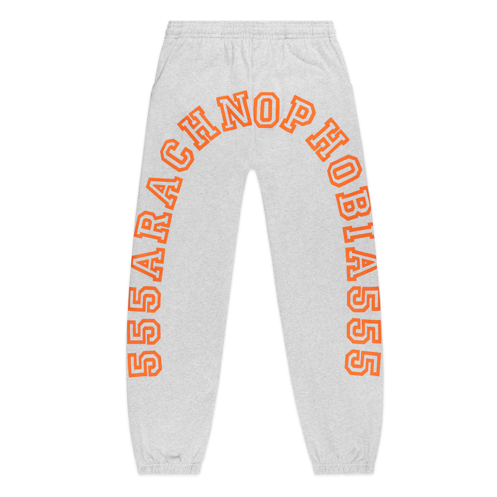 Grey 13oz cotton fleece sweatpants with arched orange "55ARACHNOPHOBIA555" puff print.