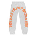 Grey 13oz cotton fleece sweatpants with arched orange "55ARACHNOPHOBIA555" puff print.