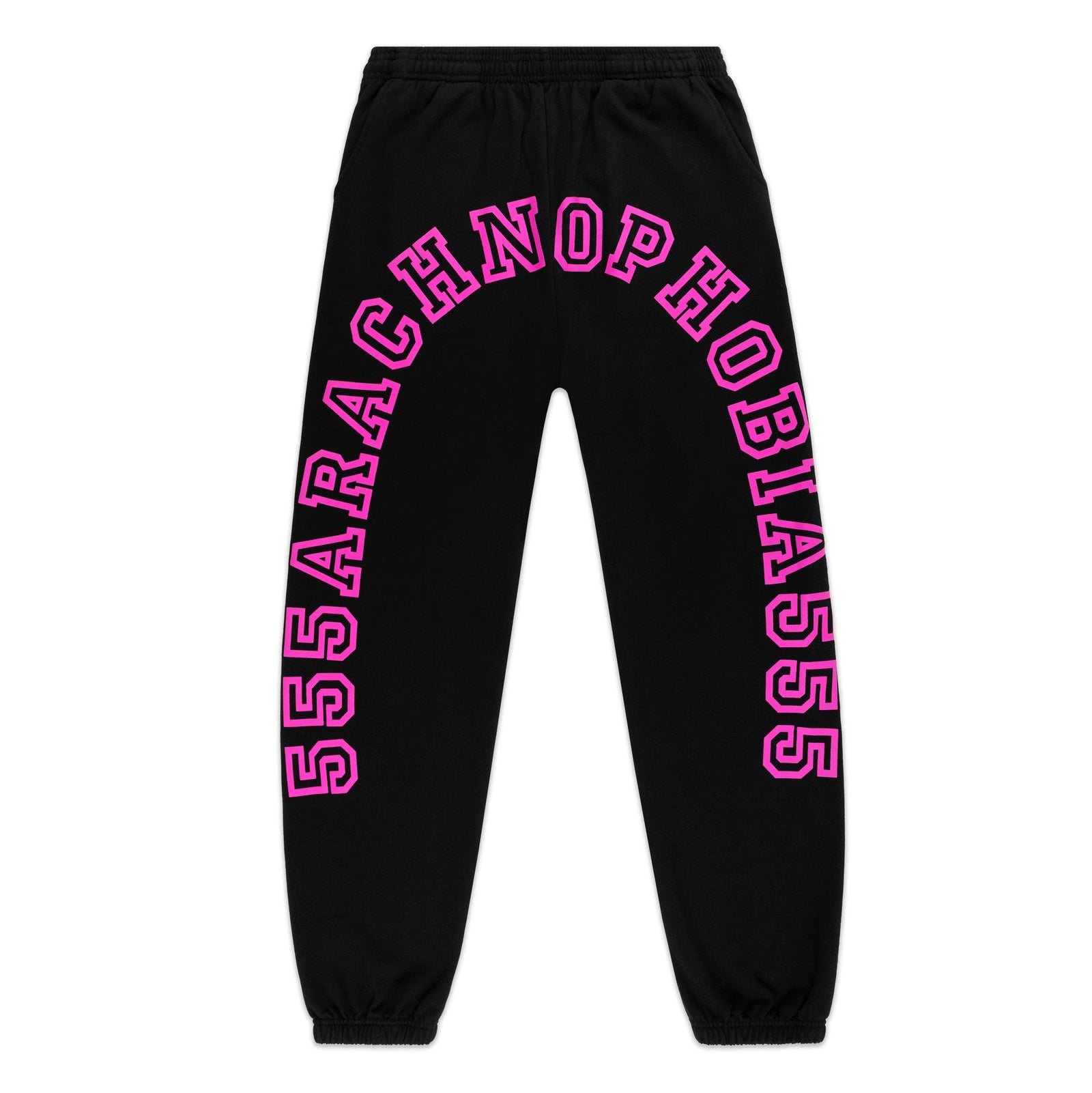 Black ARACH SWEATPANT with pink arched "55ARACHNOPHOBIA555" text print, elasticized waistband and cuffs.