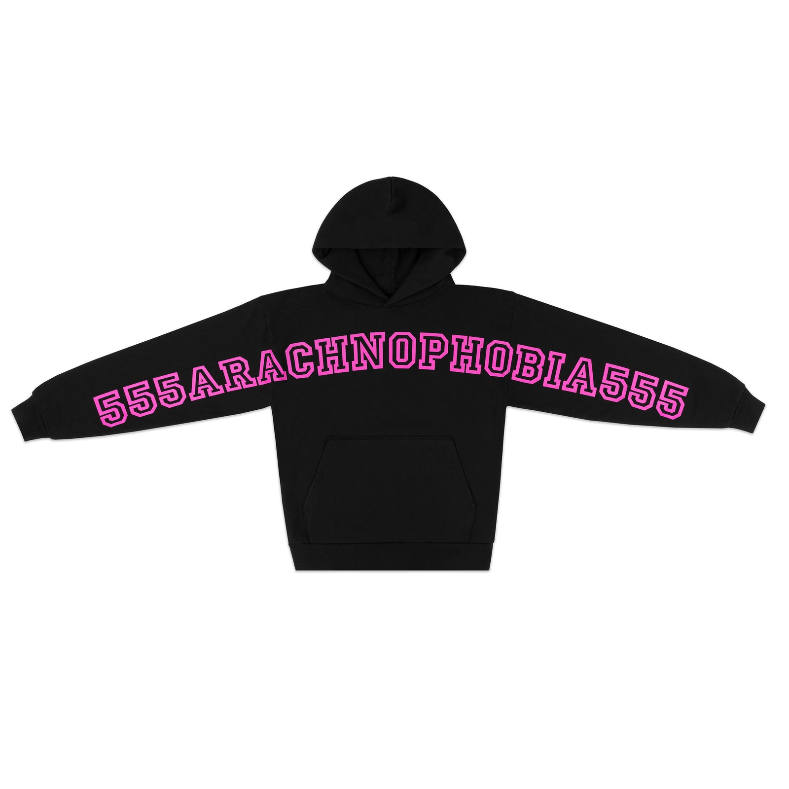 Black 13oz cotton fleece ARACH HOODIE with pink puff print "555ARACHNOPHOBIA555" text on chest and arms, plus kangaroo pocket.