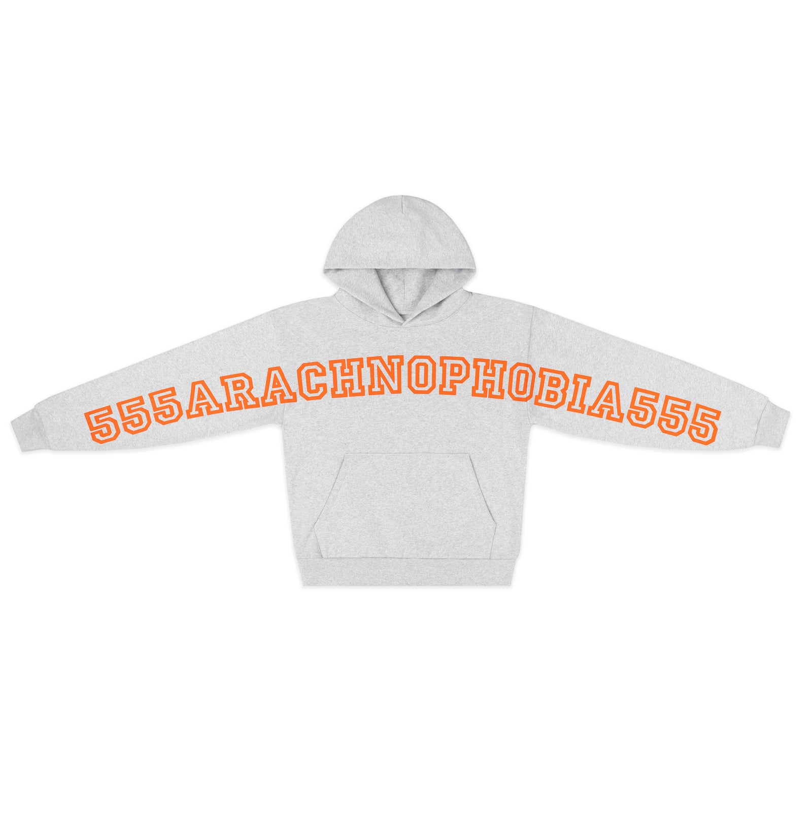 Light grey ARACH HOODIE with orange "555ARACHNOPHOBIA555" puff print on chest and arms.