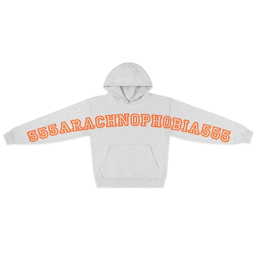 Light grey ARACH HOODIE with orange "555ARACHNOPHOBIA555" puff print on chest and arms.