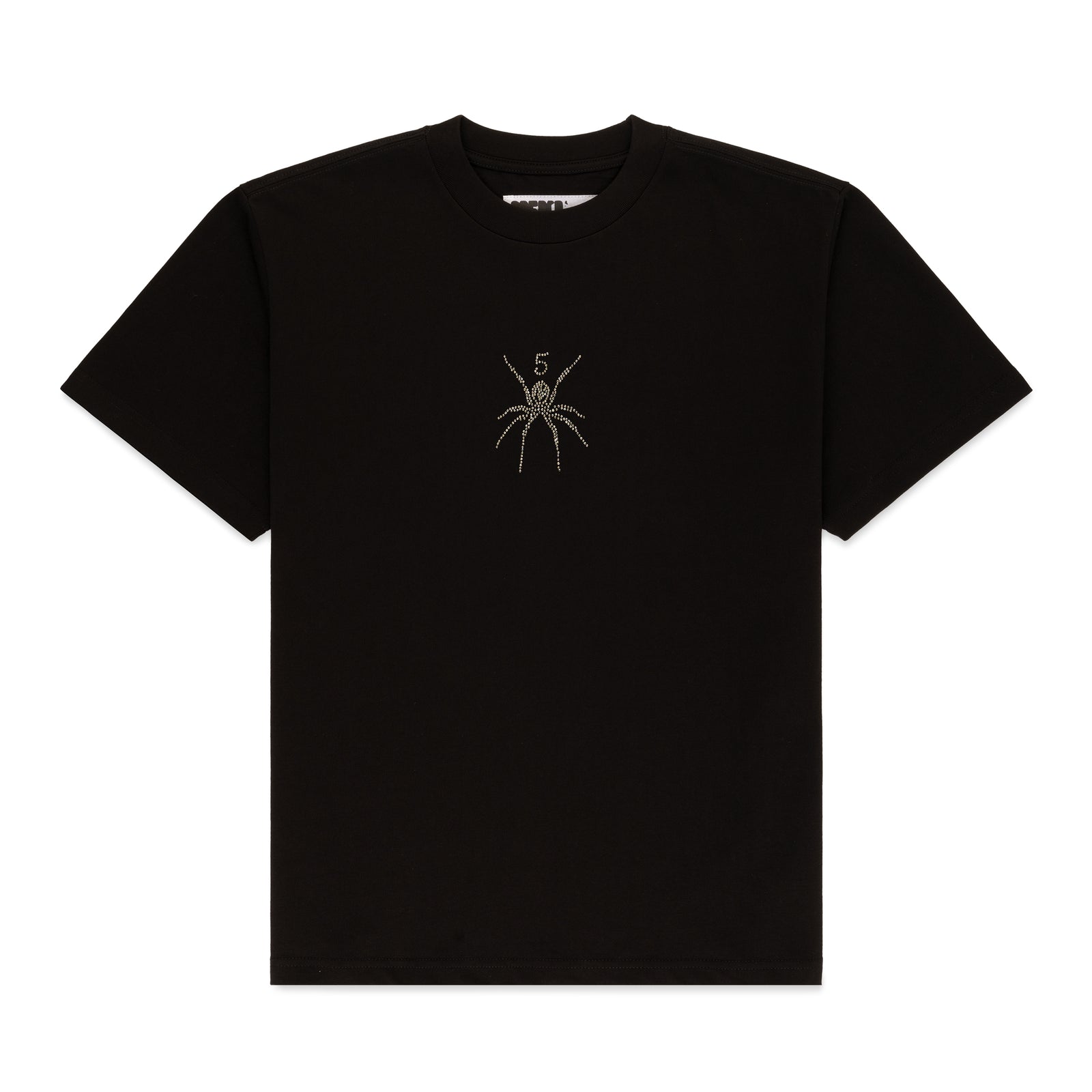 Black cotton tee with a gold rhinestone spider graphic on the front.