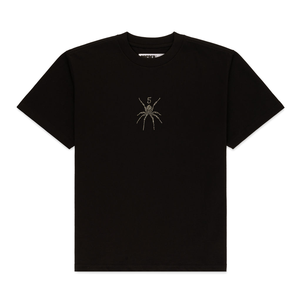 Black cotton tee with a gold rhinestone spider graphic on the front.