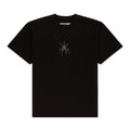 Black cotton tee with a gold rhinestone spider graphic on the front.