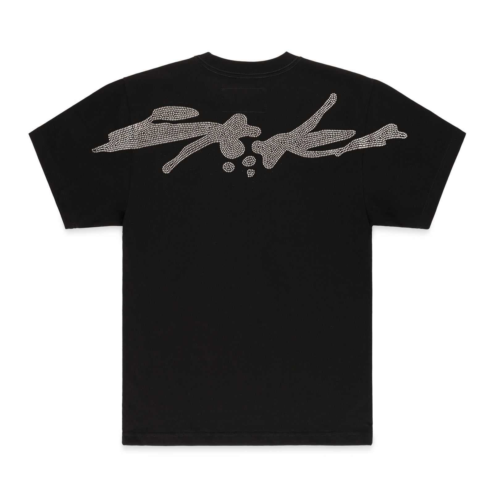 Black 100% cotton TM RHINESTONE TEE with a large, light-colored rhinestone graphic on the back.