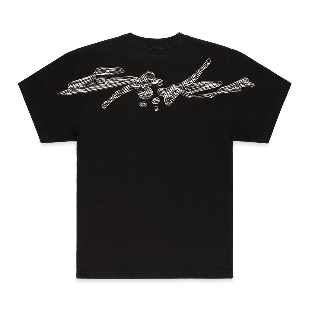 Black 100% cotton TM RHINESTONE TEE with a large, light-colored rhinestone graphic on the back.