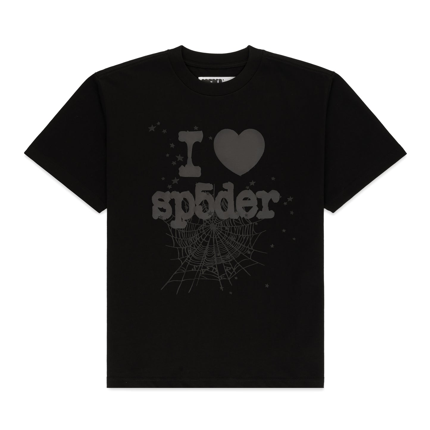 Black cotton men's tee with "I ❤️ sp5der" text, spiderweb, and star graphics.