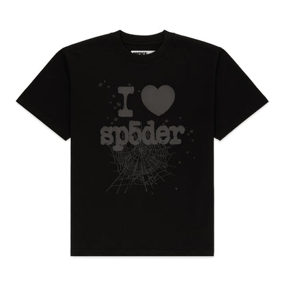 Black cotton men's tee with "I ❤️ sp5der" text, spiderweb, and star graphics.